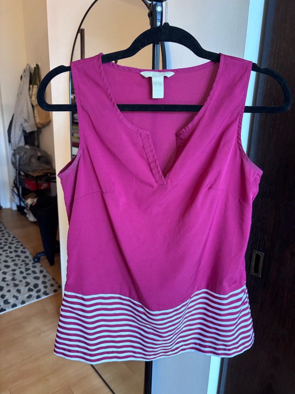 Banana Republic Magenta Sleeveless V-Neck Tank with Striped Hem